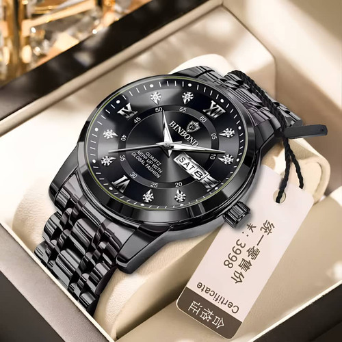 ساعت مچی مردانه BINBOND، ساعت مچی لوکس و کلاسیک رسمی تجاری از جنس استیل ضد زنگ با تاریخ و روز، ضد آب، جلوه نورانی