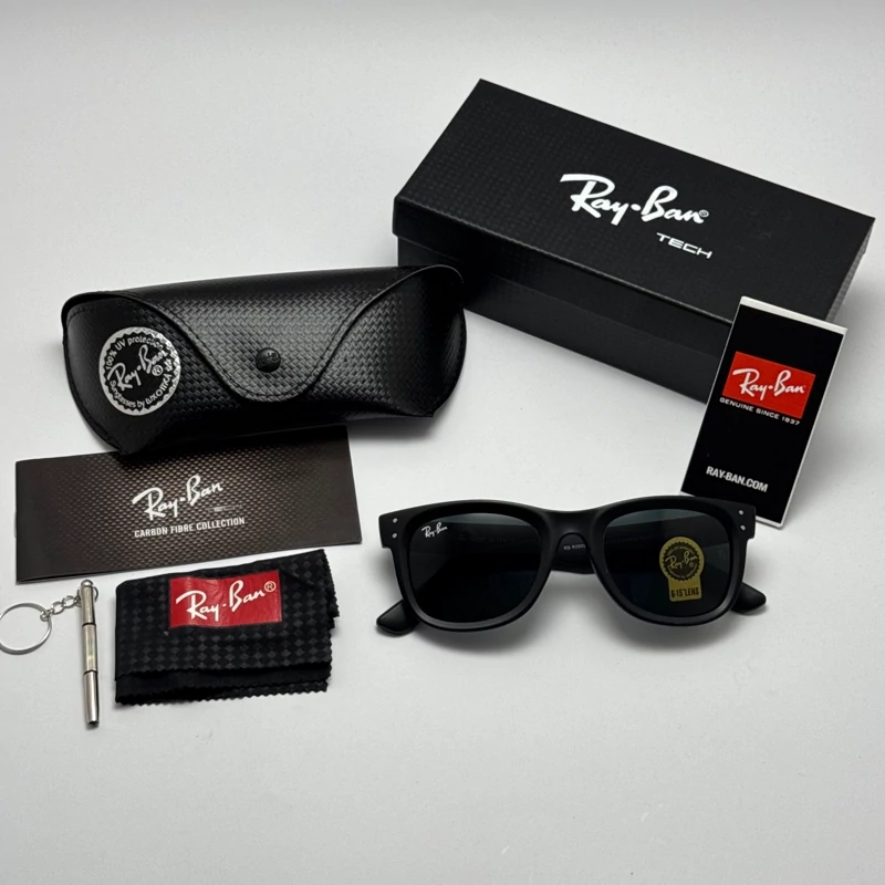 عینک آفتابی ریبن ویفرر شیشه سنگ مشکی مات به همراه پک کامل ریبن Rayban WAYFARER RB  0502S