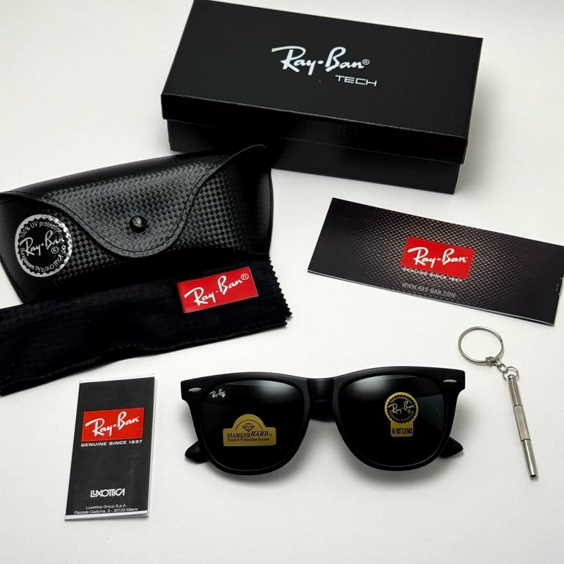 عینک آفتابی ریبن ویفرر شیشه سنگ مشکی که همراه پک کامل ریبن Rayban WAYFARER  RB 2140 سایز 54