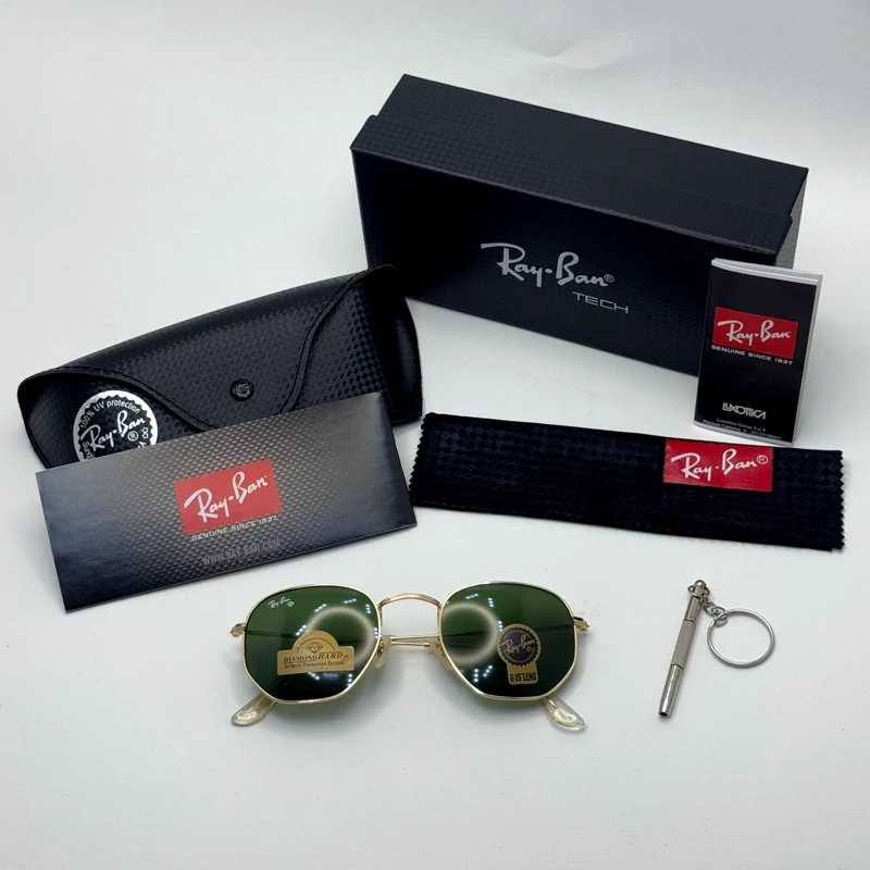 عینک ریبن هگزونال شیشه سنگ سیز فریم طلایی به همراه پک کامل ریبن کد Rayban RB 3548