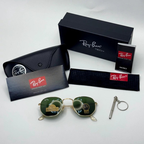 عینک ریبن هگزونال شیشه سنگ سیز فریم طلایی به همراه پک کامل ریبن کد Rayban RB 3548