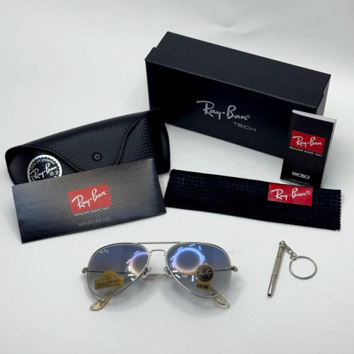 عینک ریبن خلبانی شیشه سنگ آبی هایلایت فریم نقره ای به همراه پک کامل ریبن کد Rayban RB 3025