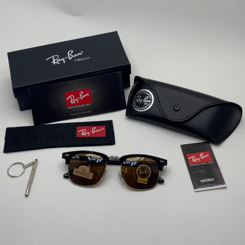 عینک آفتابی ریبن  rayban کلاب مستر شیشه سنگ قهوه ای فریم نقره ای rb 3016 به همراه پک کامل
