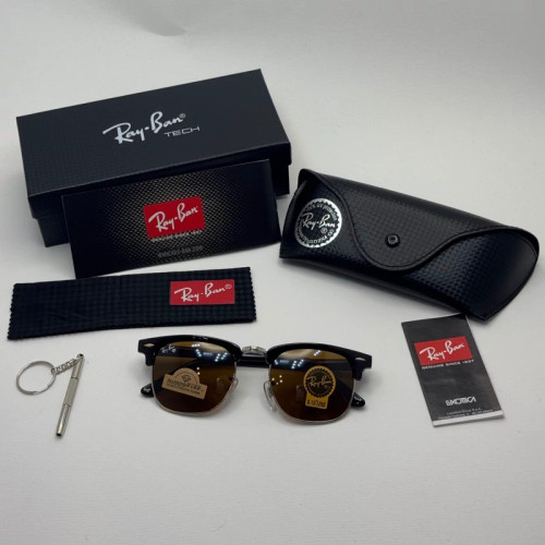 عینک آفتابی ریبن rayban کلاب مستر شیشه سنگ قهوه ای فریم نقره ای rb 3016 به همراه پک کامل