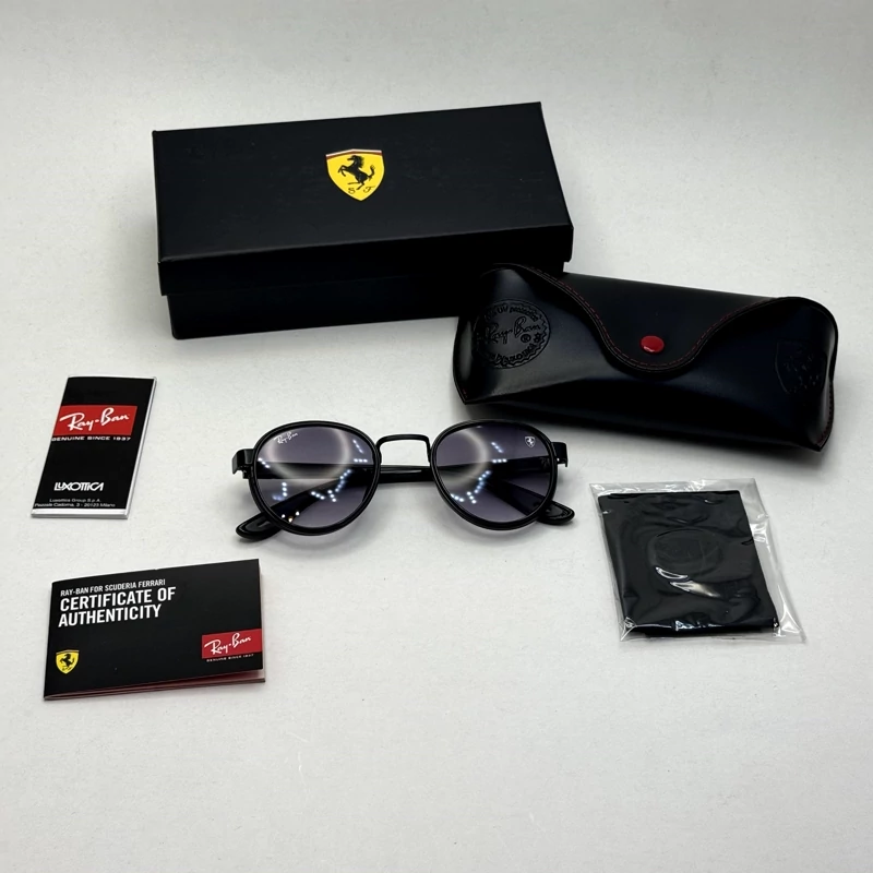 عینک آفتابی گرد ریبن فراری مشکی با پک کاملRayban Ferrari RB3705