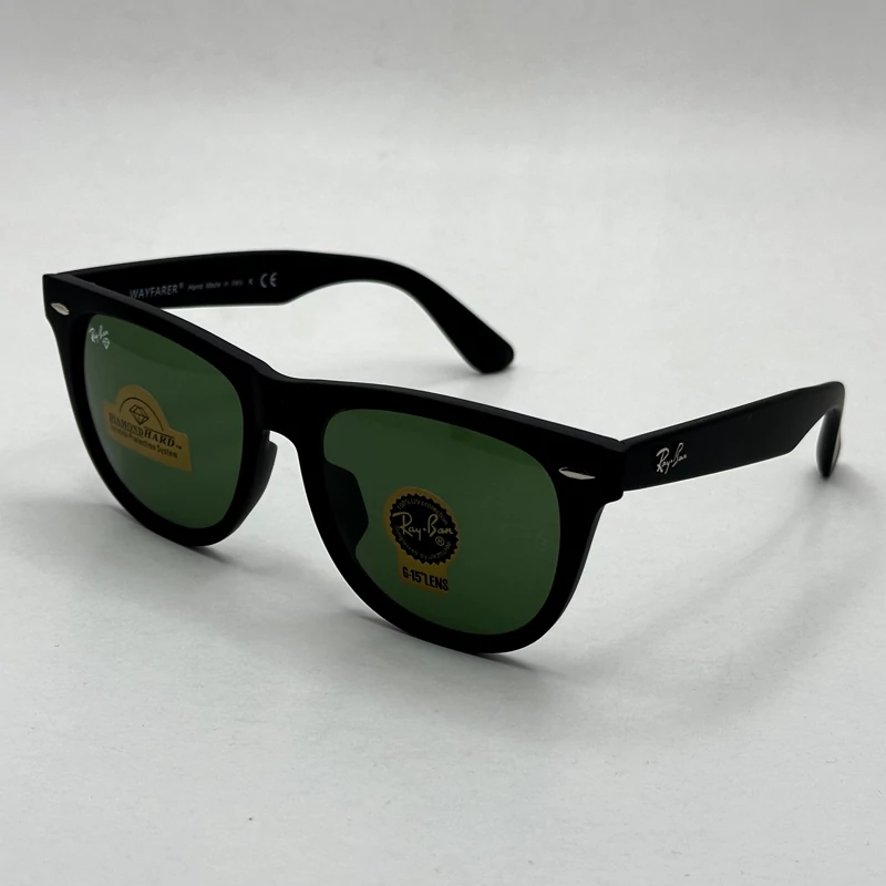 عینک آفتابی ریبن rayban ویفرر شیشه سنگ مشکی مات عدسی سبز سایز 54 به همراه پک کامل اورجینال RB 2140