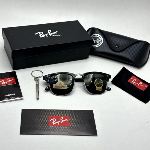 عینک آفتابی کلاب مستر ریبن rayban شیشه سنگ مشکی فریم نقره ای به همراه پک کامل RB 3016
