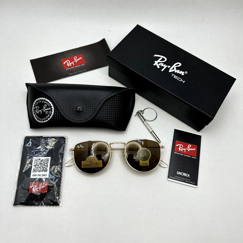 عینک آفتابی ریبن rayban شیشه سنگ قهوه ای طلایی کد rb 3958 - فول پک