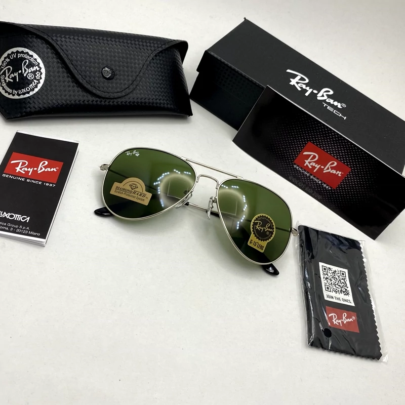 عینک آفتابی خلبانی AVIATOR ریبن rayban شیشه سنگ نقره ای سبز سایز 3026 فول پک